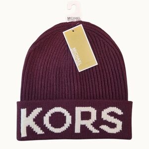 NWT Michael Kors Logo Knit Beanie | Burgundy | Ribbed Cuffed Hat